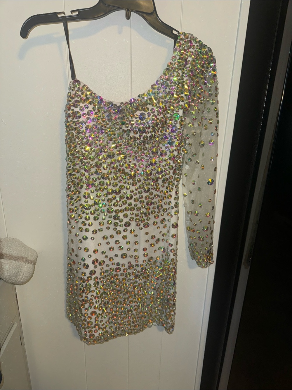 Milano Formals Iridescent Crystal-Embellished White One-Shoulder Dress Jacket